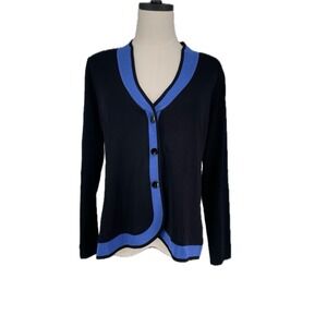 Exclusively Misook Black Royal Blue Trim Button Acrylic Cardigan Size S